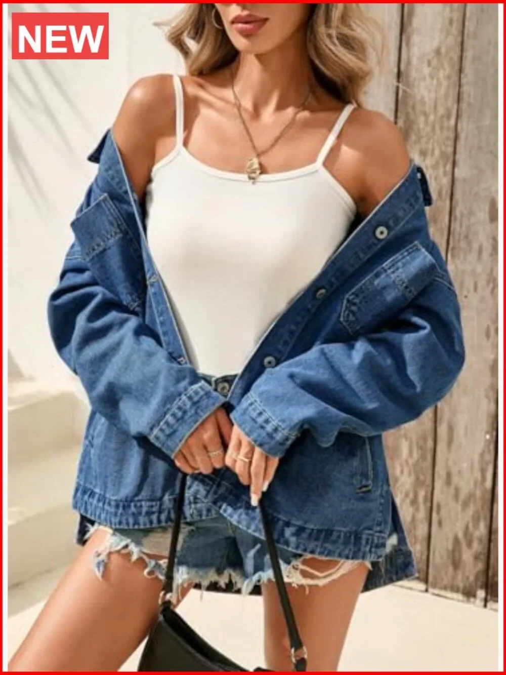 Oversized Denim Jacket Button Down Shacket with Pockets - Picture 3 of 6